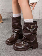 Load image into Gallery viewer, Women's Black Fashion Boots, New Buckle Design, Niche European And American Style, Chunky Heel, Thick Platform, Lightweight, Western Wrinkle Boots, Vintage Motorcycle Boots, Slim Figure, Fall/Winter New Arrival, Brown Color