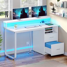 Load image into Gallery viewer, Dextrus 47 in Computer Desk with Storage Drawers &amp; LED Light, Office Desk with Monitor Stand &amp; Power Outlets, Work Study PC Desk for Small Spaces, Home Office, Oak