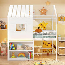 Load image into Gallery viewer, Twin Loft Bed with LED Lights, Wooden House Bed with Roof, Window, Storage Bookshelf, Ladder, Safety Guardrails &amp; Under-Bed Play Space for Kids