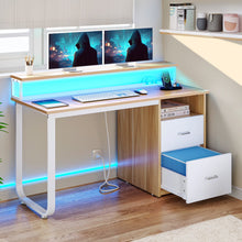Load image into Gallery viewer, Dextrus 47 in Computer Desk with Storage Drawers &amp; LED Light, Office Desk with Monitor Stand &amp; Power Outlets, Work Study PC Desk for Small Spaces, Home Office, Oak
