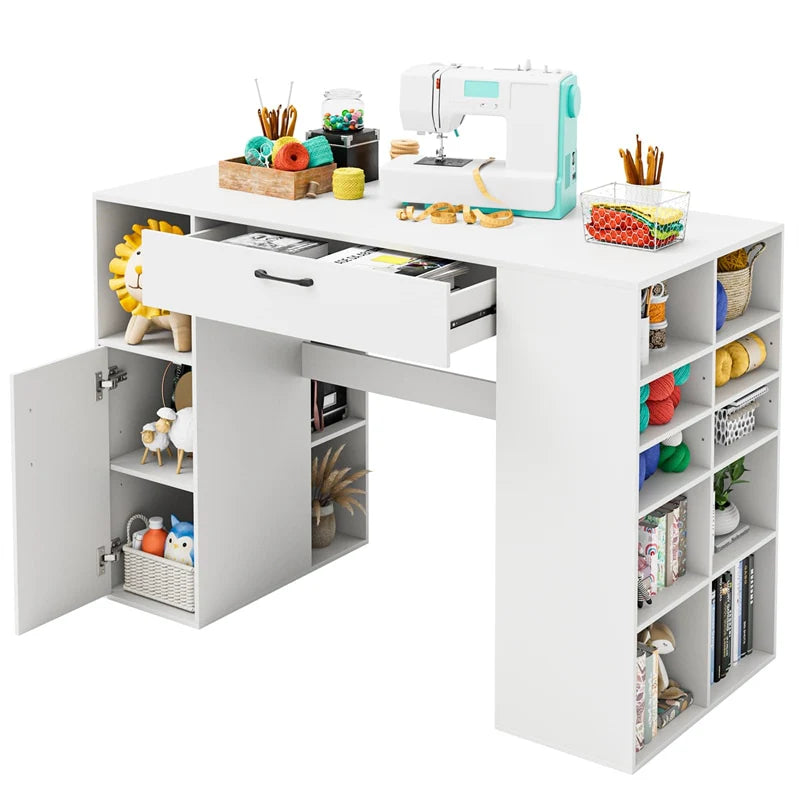 53" Counter Height Sewing Craft Table with 14 Storage Cubes, Large Drawer, Cabinet & Adjustable Shelf, 36" Artwork Workstation Drafting Writing Desk