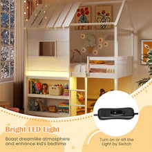 Load image into Gallery viewer, Twin Loft Bed with LED Lights, Wooden House Bed with Roof, Window, Storage Bookshelf, Ladder, Safety Guardrails &amp; Under-Bed Play Space for Kids