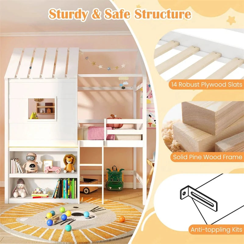 Twin Loft Bed with LED Lights, Wooden House Bed with Roof, Window, Storage Bookshelf, Ladder, Safety Guardrails & Under-Bed Play Space for Kids