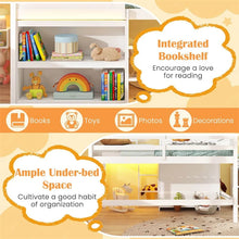 Load image into Gallery viewer, Twin Loft Bed with LED Lights, Wooden House Bed with Roof, Window, Storage Bookshelf, Ladder, Safety Guardrails &amp; Under-Bed Play Space for Kids