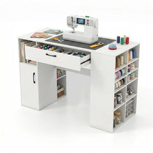 Load image into Gallery viewer, 53" Counter Height Sewing Craft Table with 14 Storage Cubes, Large Drawer, Cabinet &amp; Adjustable Shelf, 36" Artwork Workstation Drafting Writing Desk