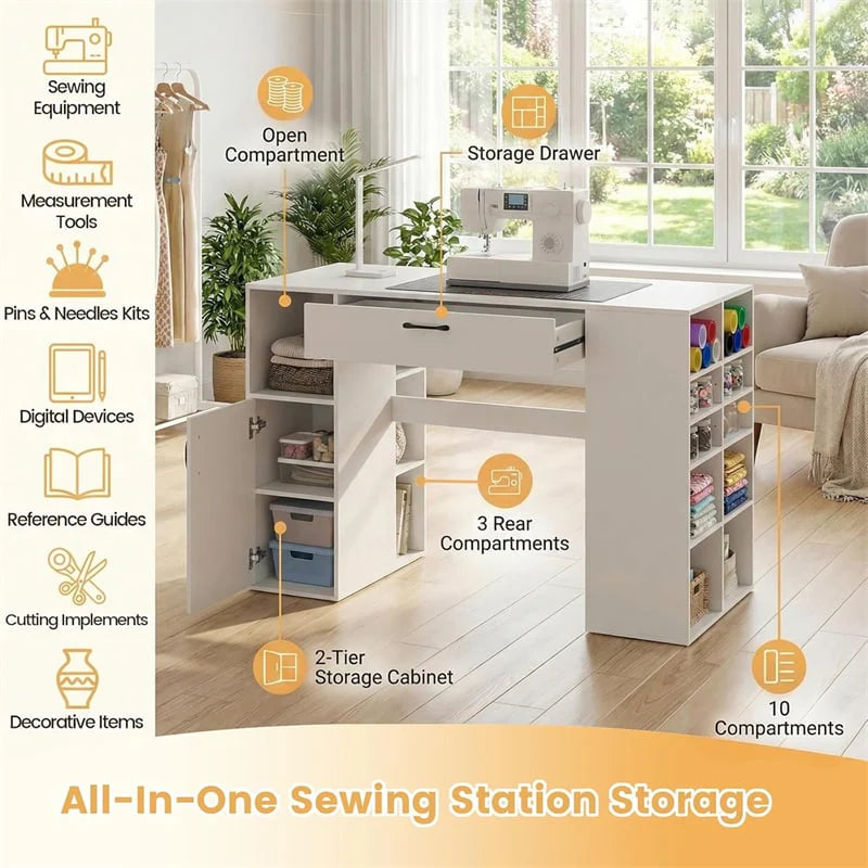 53" Counter Height Sewing Craft Table with 14 Storage Cubes, Large Drawer, Cabinet & Adjustable Shelf, 36" Artwork Workstation Drafting Writing Desk