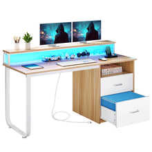 Load image into Gallery viewer, Dextrus 47 in Computer Desk with Storage Drawers &amp; LED Light, Office Desk with Monitor Stand &amp; Power Outlets, Work Study PC Desk for Small Spaces, Home Office, Oak